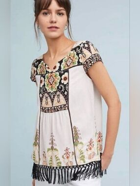 Anthropologie White Tunic with Multicolor Yoke and Black Tassel Hem